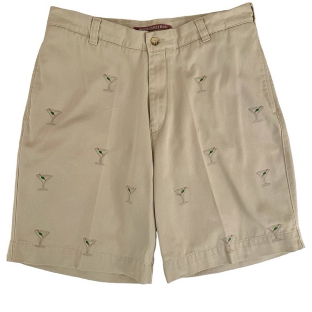 Vintage Berle High Waist Khaki Shorts With Martinis Embroidered All Over Size 36